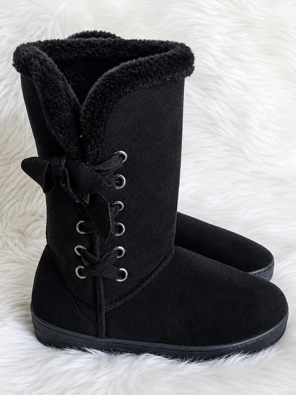 Chatties Chatz Black Mid-Calf Microsuede Faux Fur Trim Winter Boots SZ 5/6